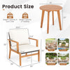 Wicker sofa and acacia wood table set with off-white cushions, ideal for patio or garden relaxation.