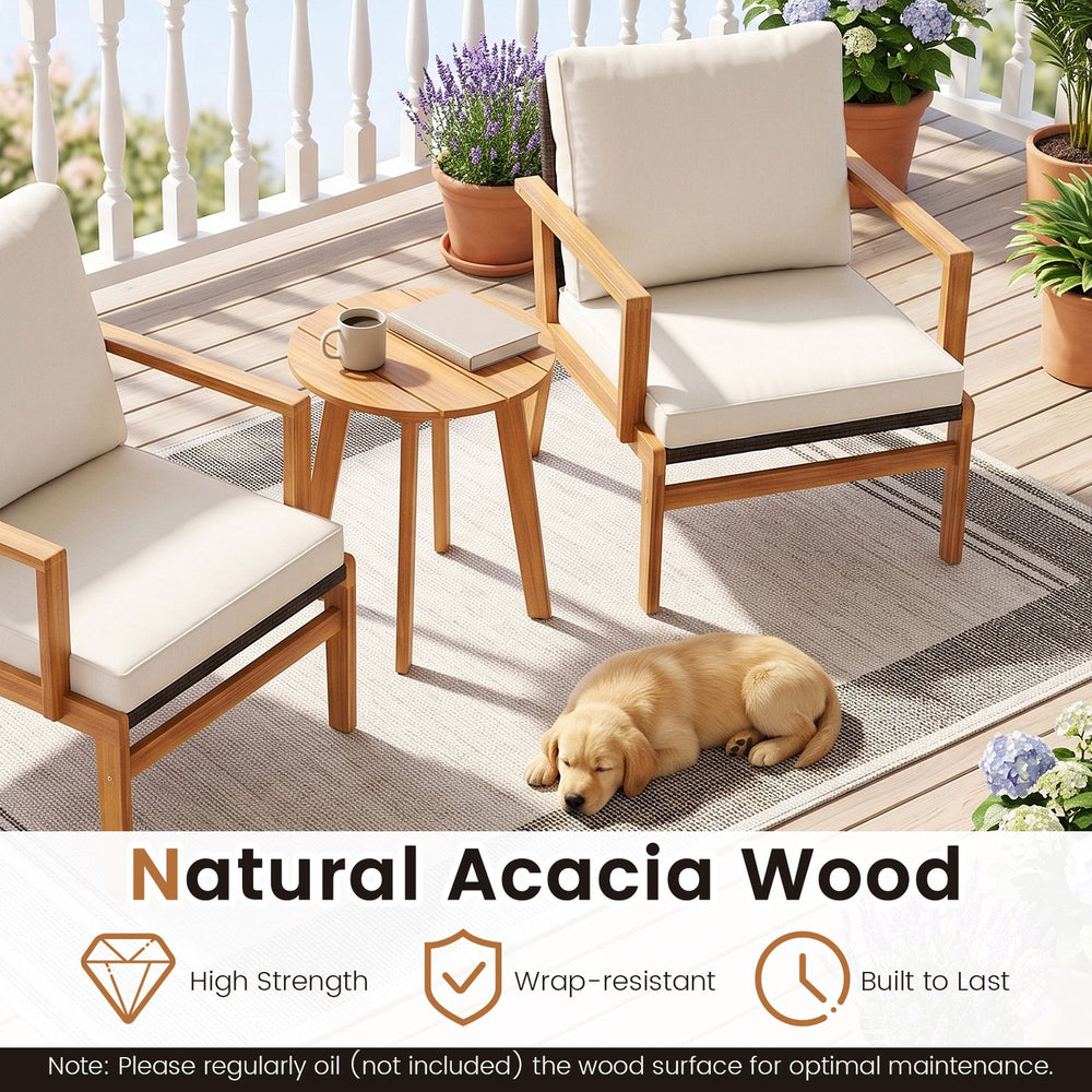 Acacia wood chair set with soft cushions and a side table, perfect for patio relaxation and outdoor enjoyment.