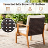 Wicker sofa set with acacia wood table features breathable mix brown PE rattan and soft cushions for outdoor comfort.