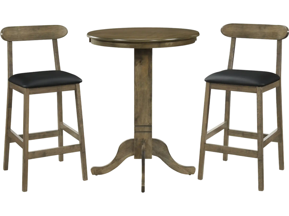 3 Pieces Wood Bar Table Set for 2 Round Pub Table with Pedestal Base and 2 Armless Stools