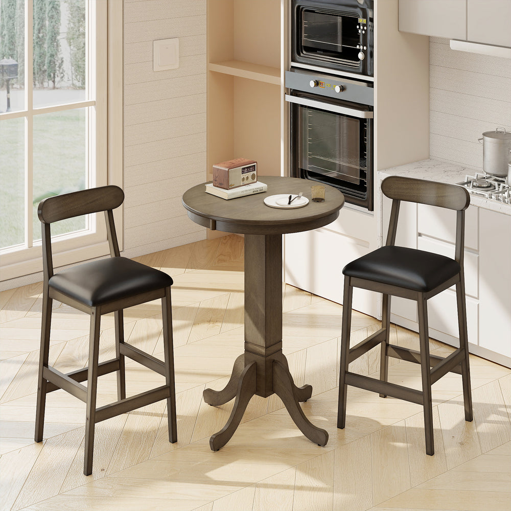 Round wood bar table set with pedestal base and two armless stools, featuring padded seats for comfort and farmhouse.