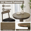 30" round tabletop with wood grain surface and rounded corners, part of a 3-piece wood bar table set for intimate meals.