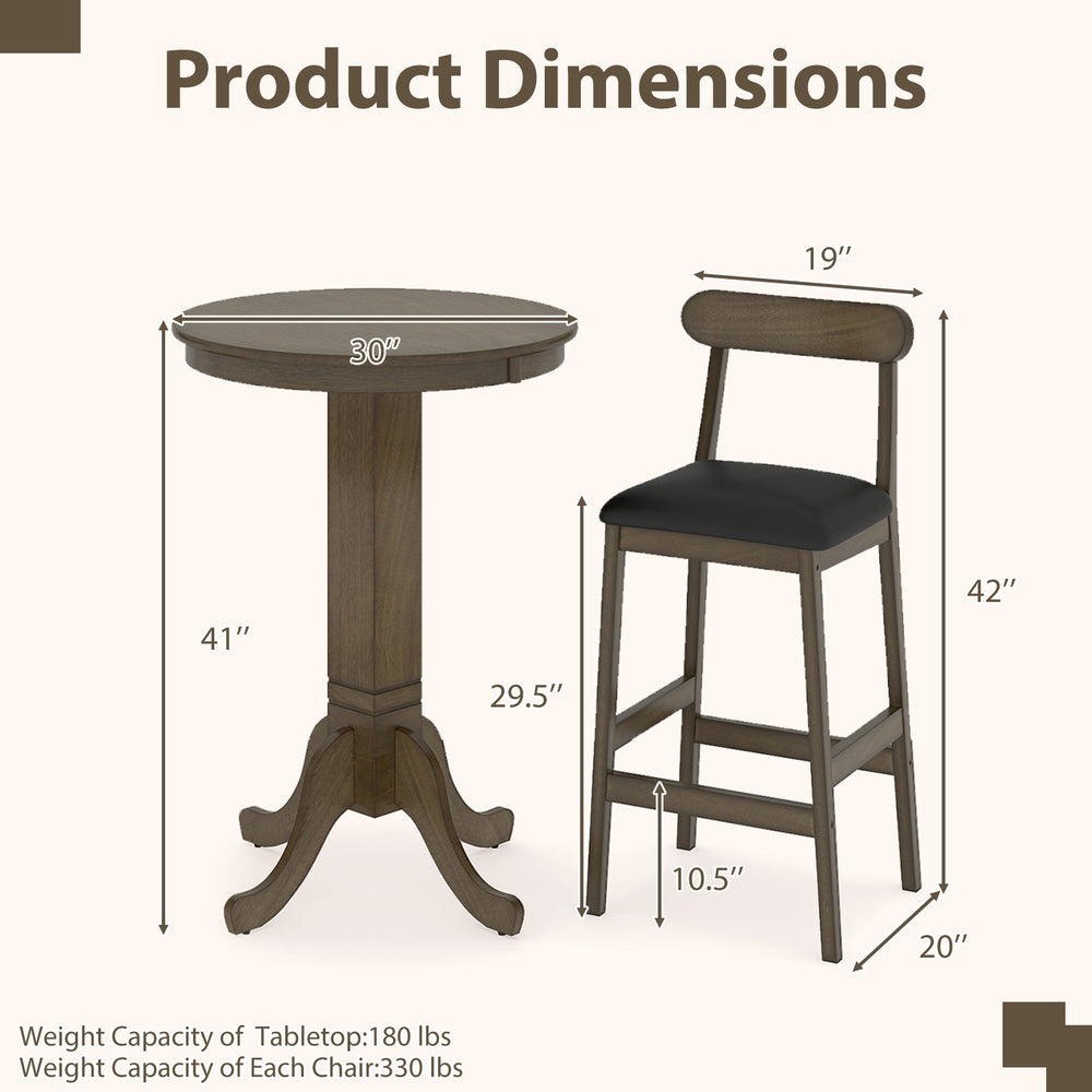Round pub table with pedestal base and two armless stools, featuring natural rubber wood for durability and comfort.
