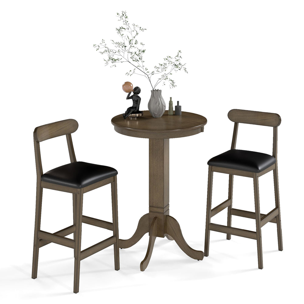 Armless stool with padded seat and curved back, part of a 3-piece wood bar table set for comfortable dining.