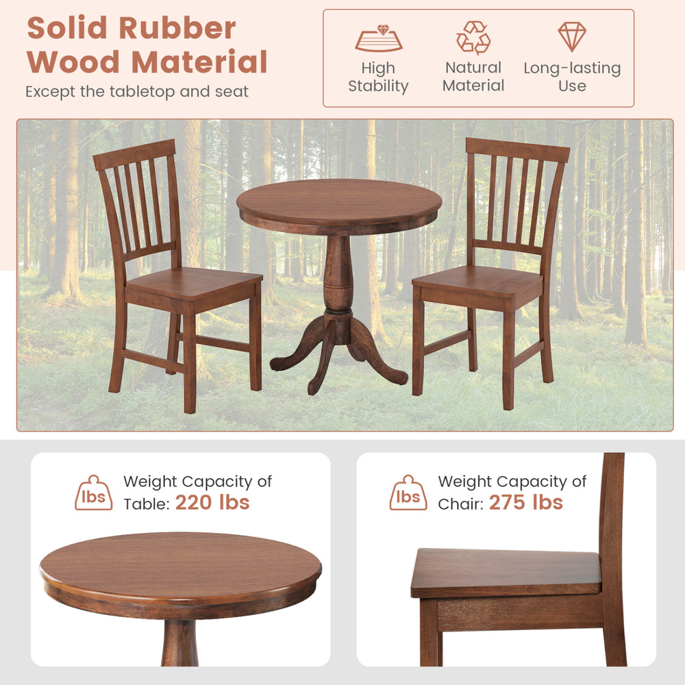 3-piece wooden dining table and chair set in solid rubber wood, perfect for kitchen or cafe use with ergonomic design.