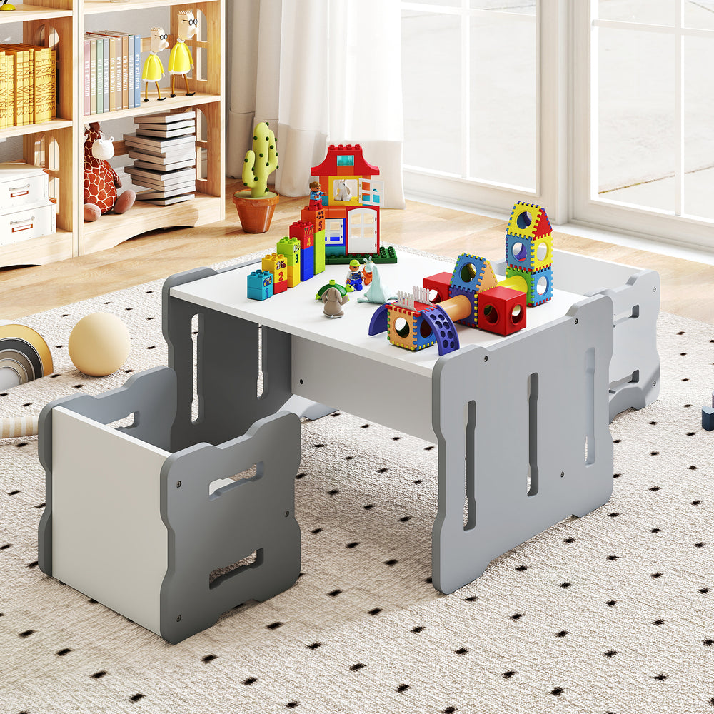 Gray activity table set with two stools, perfect for toddlers' play or study in playrooms or bedrooms.