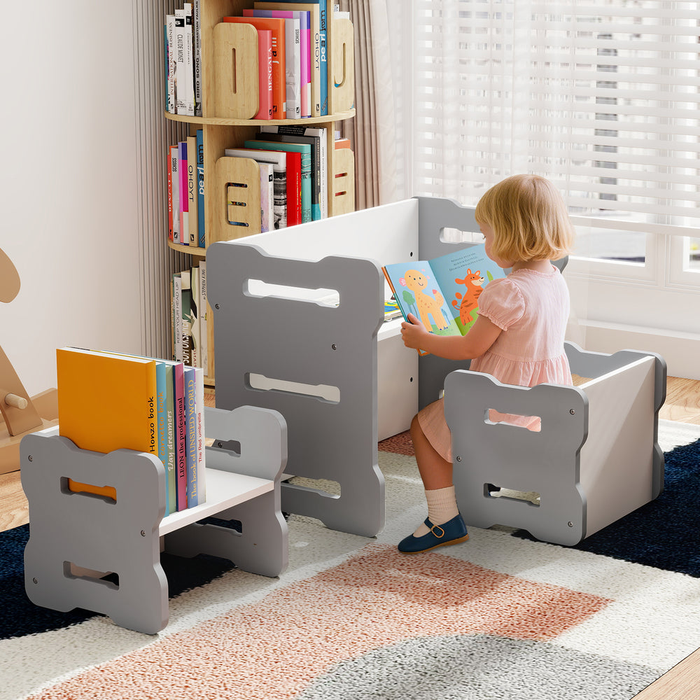 Toddler activity table set in gray with two stools, perfect for playrooms and study, featuring rounded corners for.