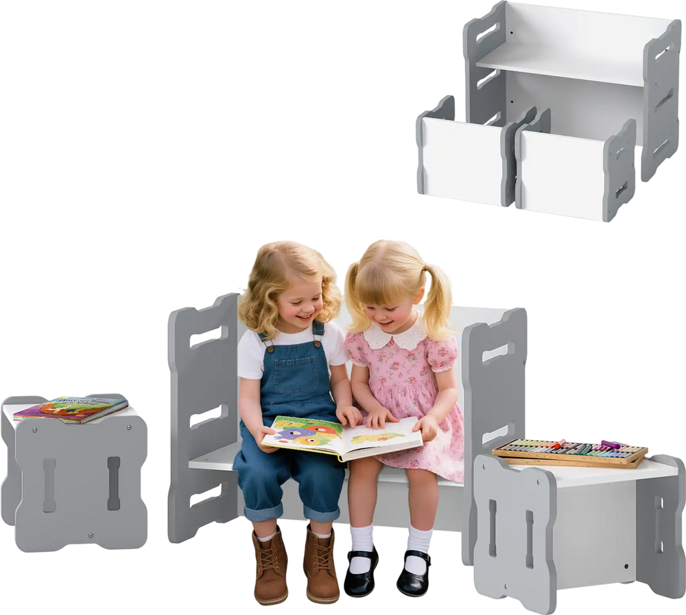 Toddler activity table set in gray with two stools, perfect for playrooms or study areas, featuring rounded corners for.