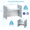 Product dimensions for the 3-piece toddler set with a gray activity table and two stools, showcasing load capacities.