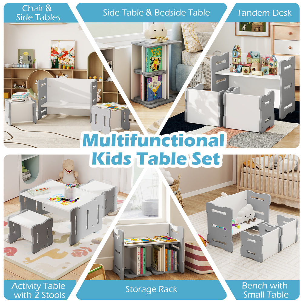 Multifunctional gray toddler table set with 2 stools, ideal for study or play, featuring rounded corners for safety.