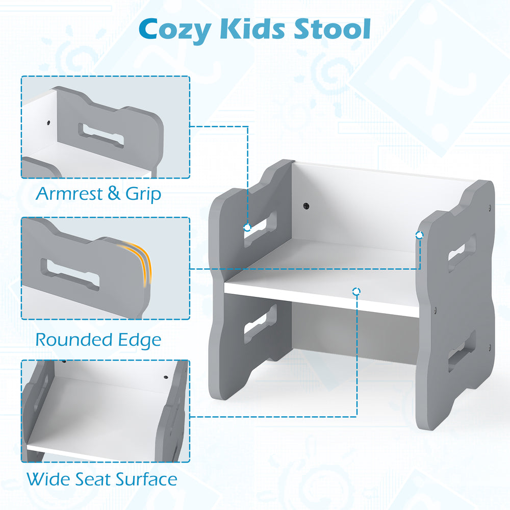Gray toddler stool featuring a wide seat surface, armrests, and rounded edges for safety, perfect for playrooms or.