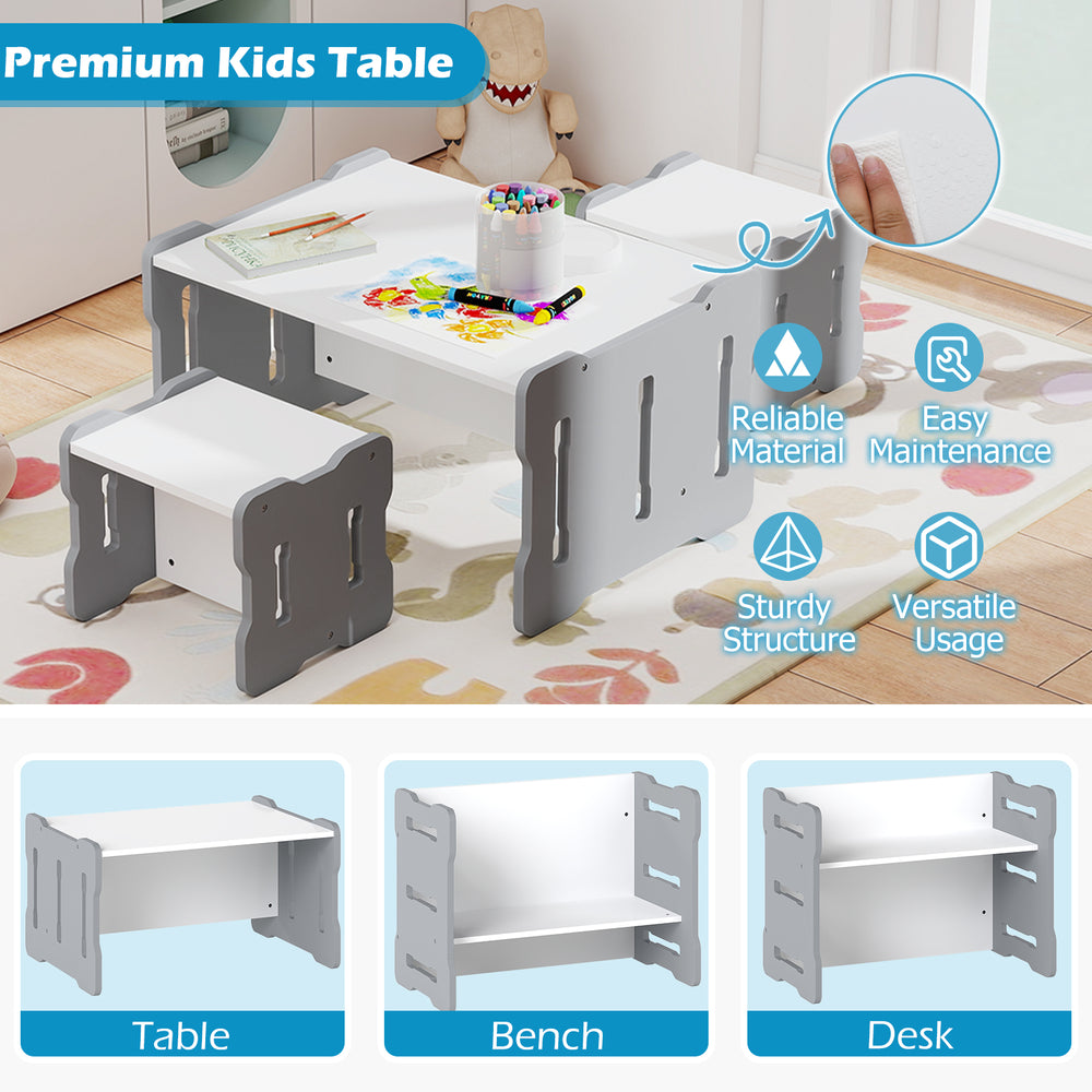 Gray 3-piece toddler set with activity table and 2 stools, ideal for playrooms and study spaces, featuring sturdy MDF.