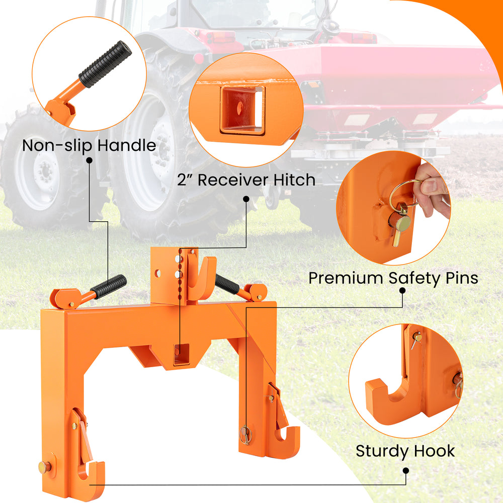 3-Point Quick Hitch in orange with a 2" receiver hitch and adjustable top hook for easy farming attachment.
