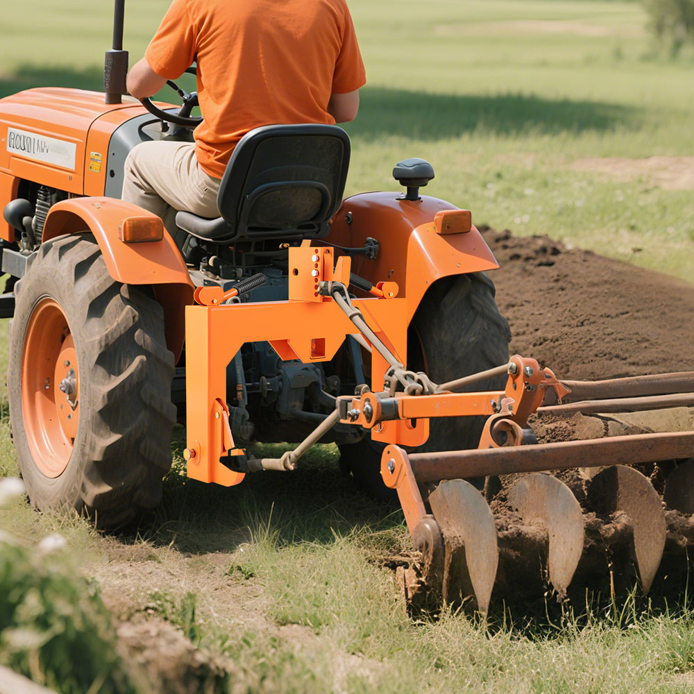 3-Point quick hitch in use on a tractor, featuring a 5-level adjustable hook for farming tasks and robust towing.