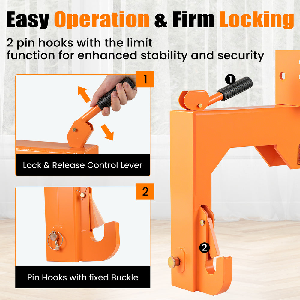 3-Point Quick Hitch in orange showing dual pin hooks and lever mechanism for secure attachment and 3000 lbs towing.
