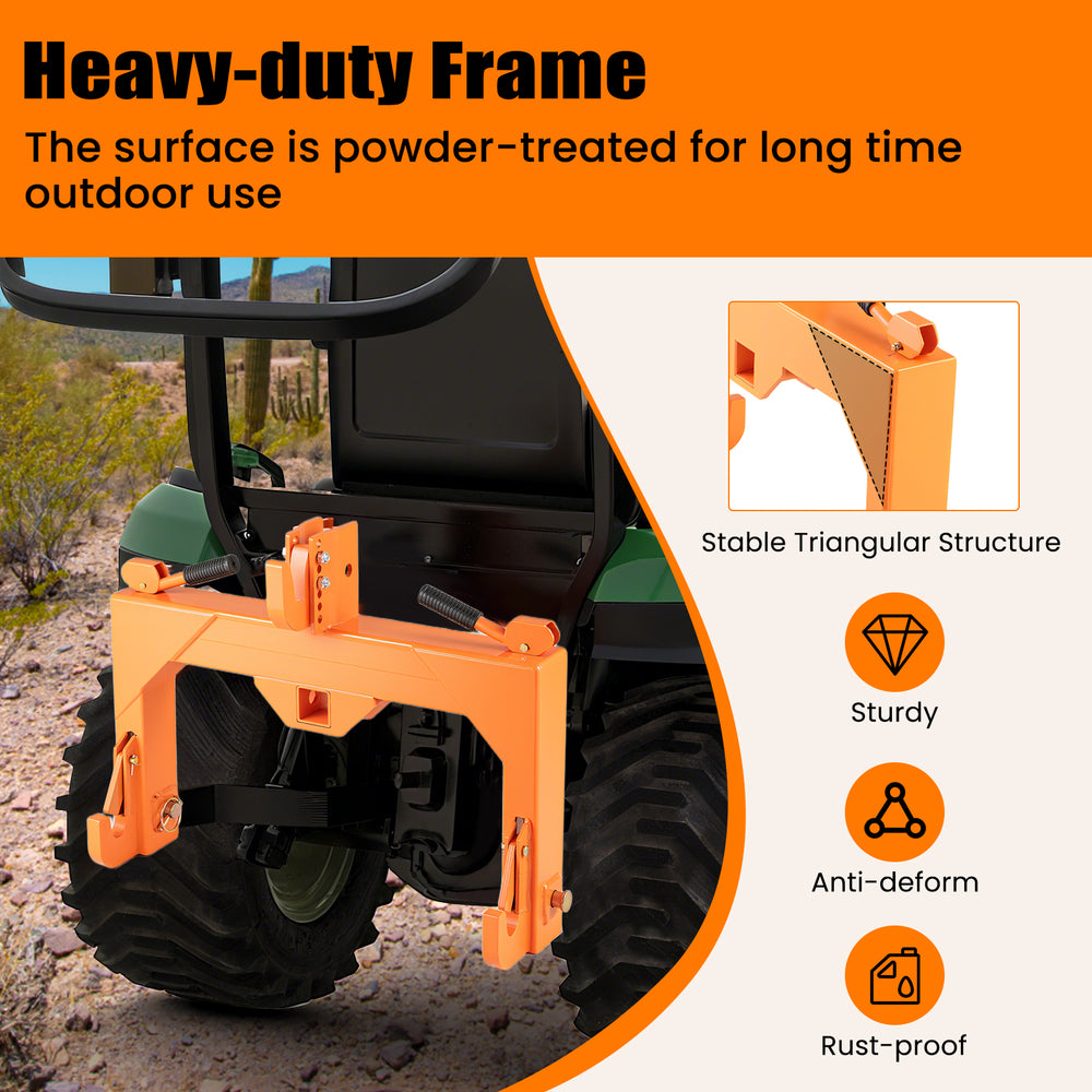3-Point Quick Hitch in orange, featuring a heavy-duty frame and 5-level adjustable hook for secure farming attachment.