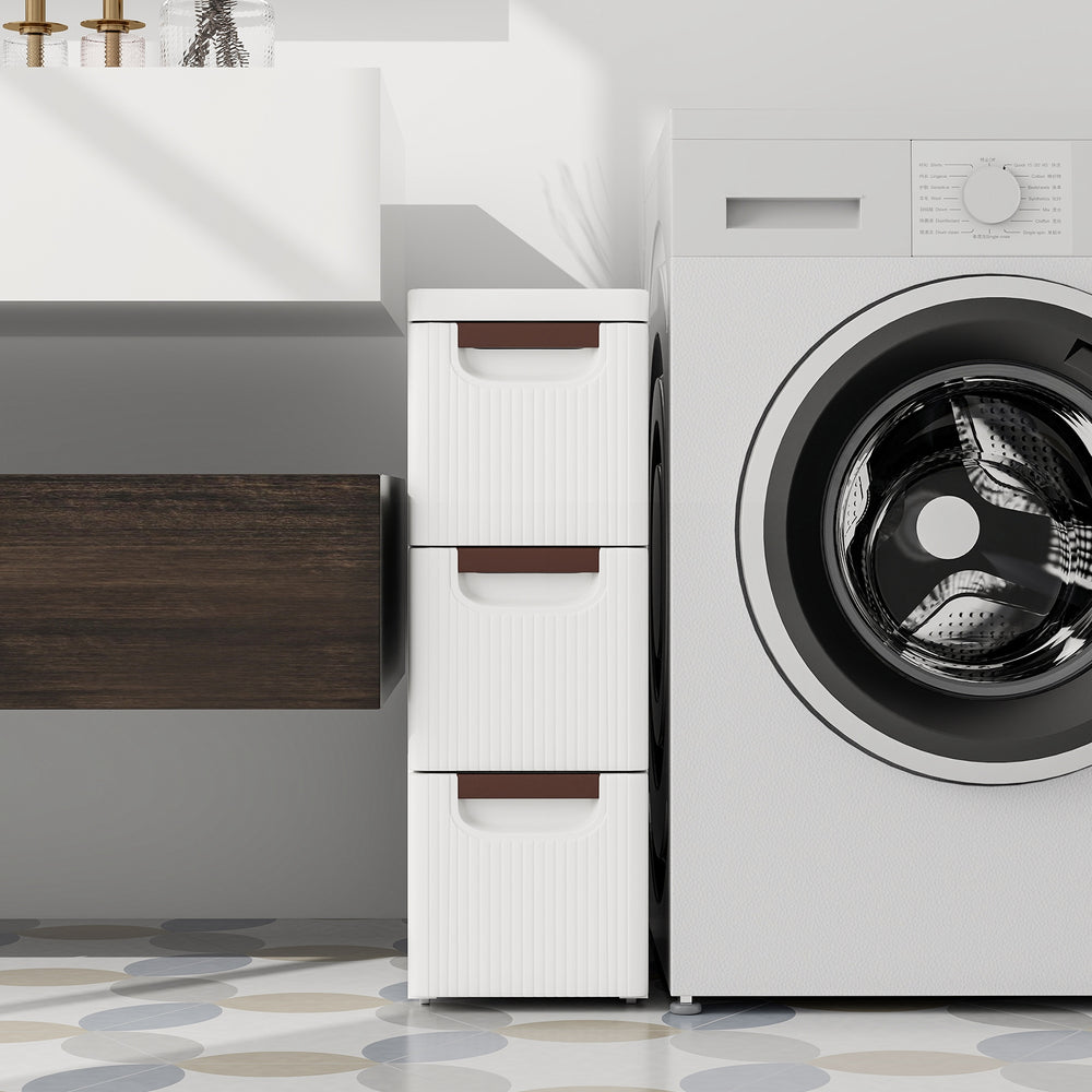 Narrow 3-drawer rolling organizer unit in white, made of stain-proof PP material, ideal for small spaces like bathrooms.