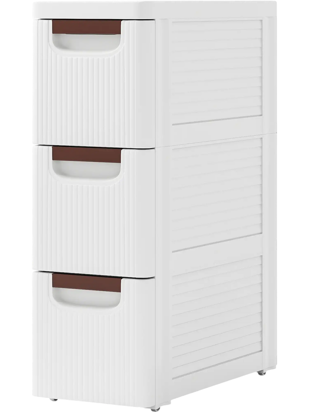 Narrow 3-drawer rolling organizer unit in white with fluted design, perfect for small spaces and easy to move.
