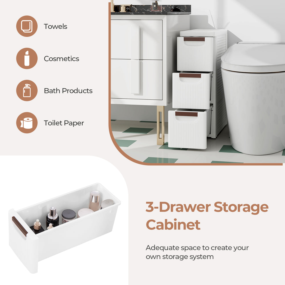 3-drawer storage cabinet in white with fluted surface, ideal for organizing towels and cosmetics in small spaces.