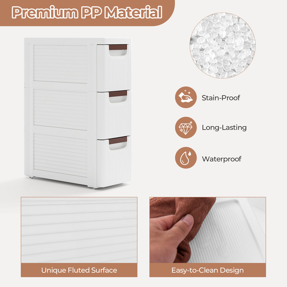 3-drawer rolling organizer unit in white, made of stain-proof PP material, perfect for small spaces and easy to clean.