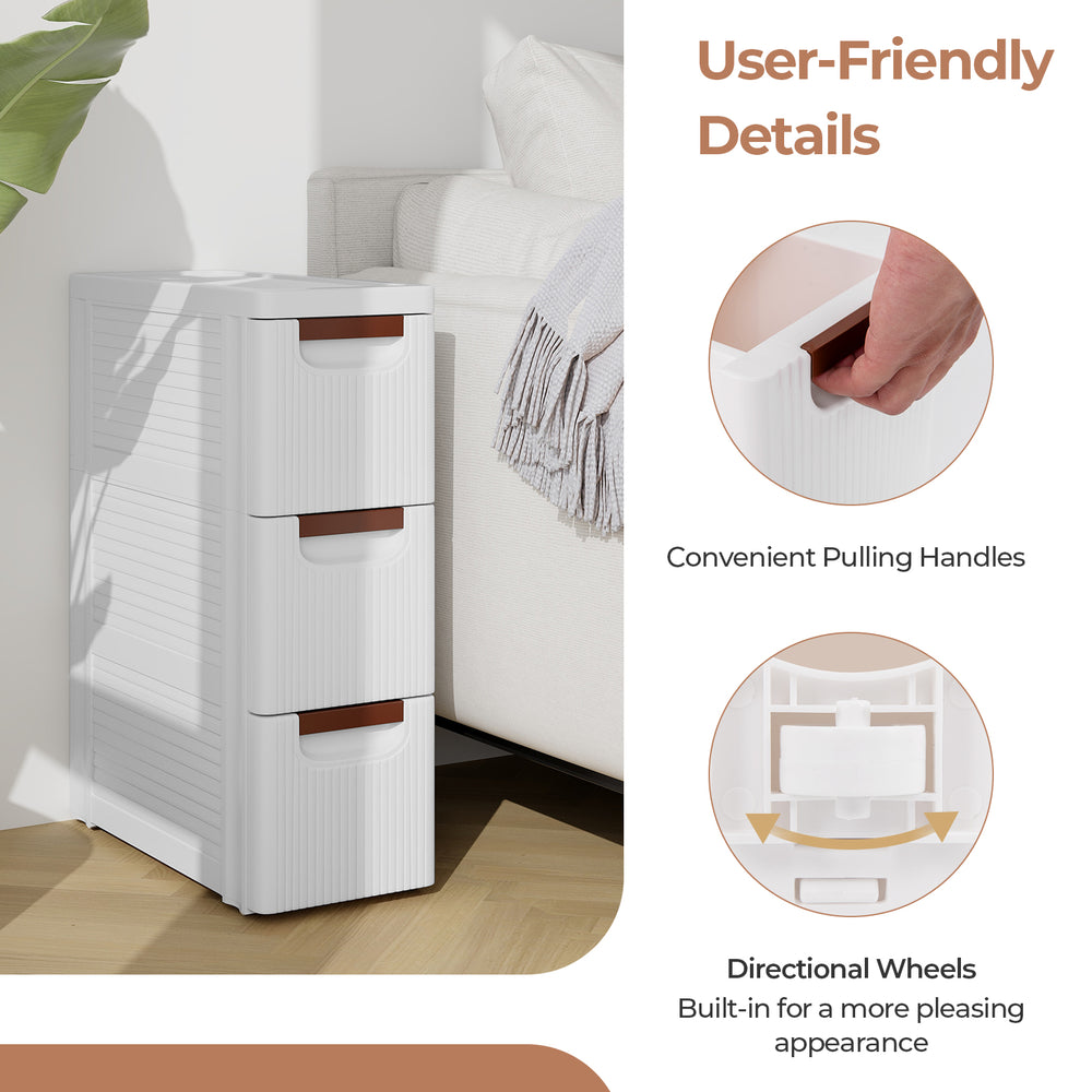 Three-drawer rolling organizer unit in white with convenient handles and built-in wheels, ideal for small spaces.