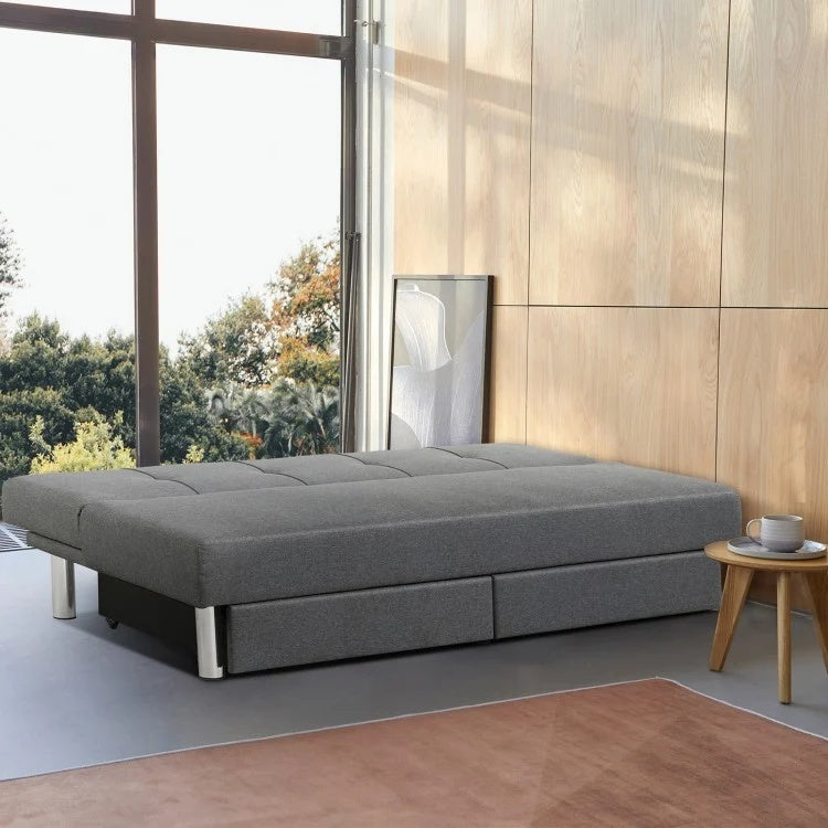 3-seat convertible sofa bed in gray with 2 large drawers, adjustable backrest angles for versatile comfort in small.