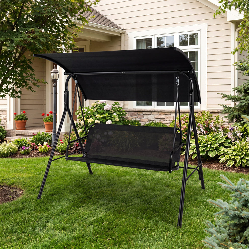 Side view of the 3-seat patio swing chair featuring an adjustable canopy and sturdy metal frame, perfect for backyard.