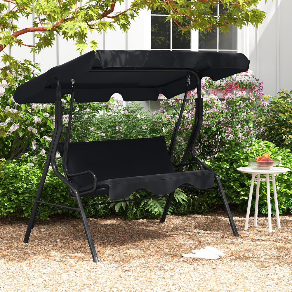 Three-seat outdoor patio canopy swing with cushioned black steel frame, ideal for relaxing in your garden.