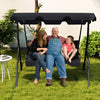 Three-seat outdoor patio canopy swing with cushioned black steel frame, perfect for family relaxation in the garden.