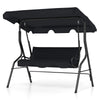 Three-seat outdoor patio canopy swing with cushioned black steel frame, providing comfort and UV protection.