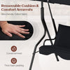 Cushioned armrest detail of the 3-seat outdoor patio canopy swing with black steel frame for added comfort.