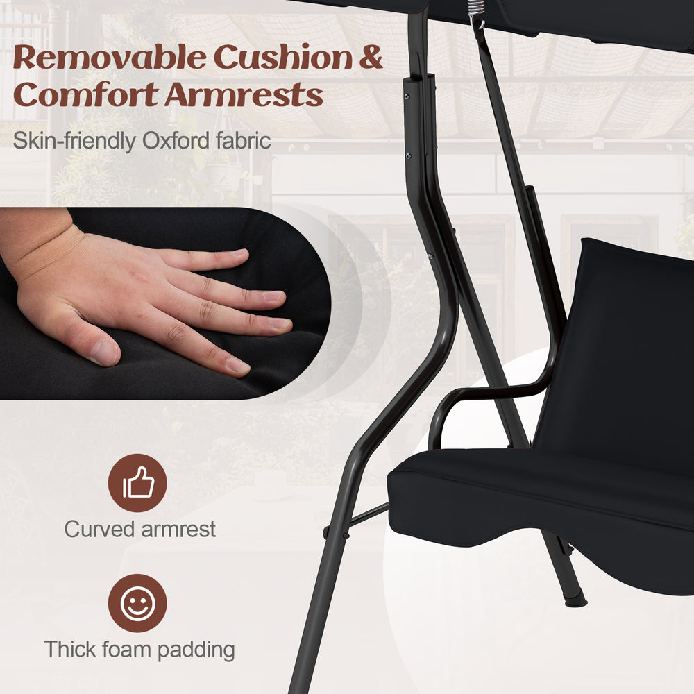 Cushioned armrest detail of the 3-seat outdoor patio canopy swing with black steel frame for added comfort.