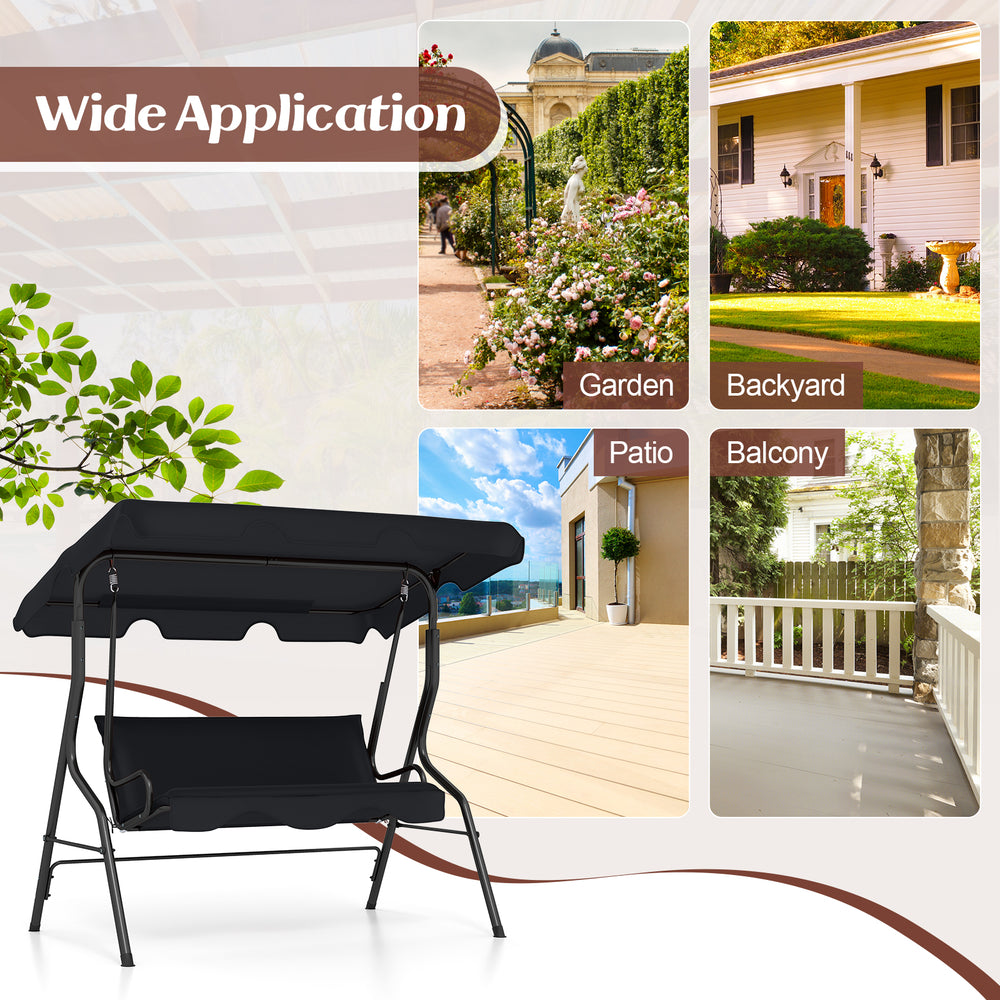 Three-seat outdoor patio canopy swing in black with cushioned steel frame, ideal for garden, backyard, or balcony.
