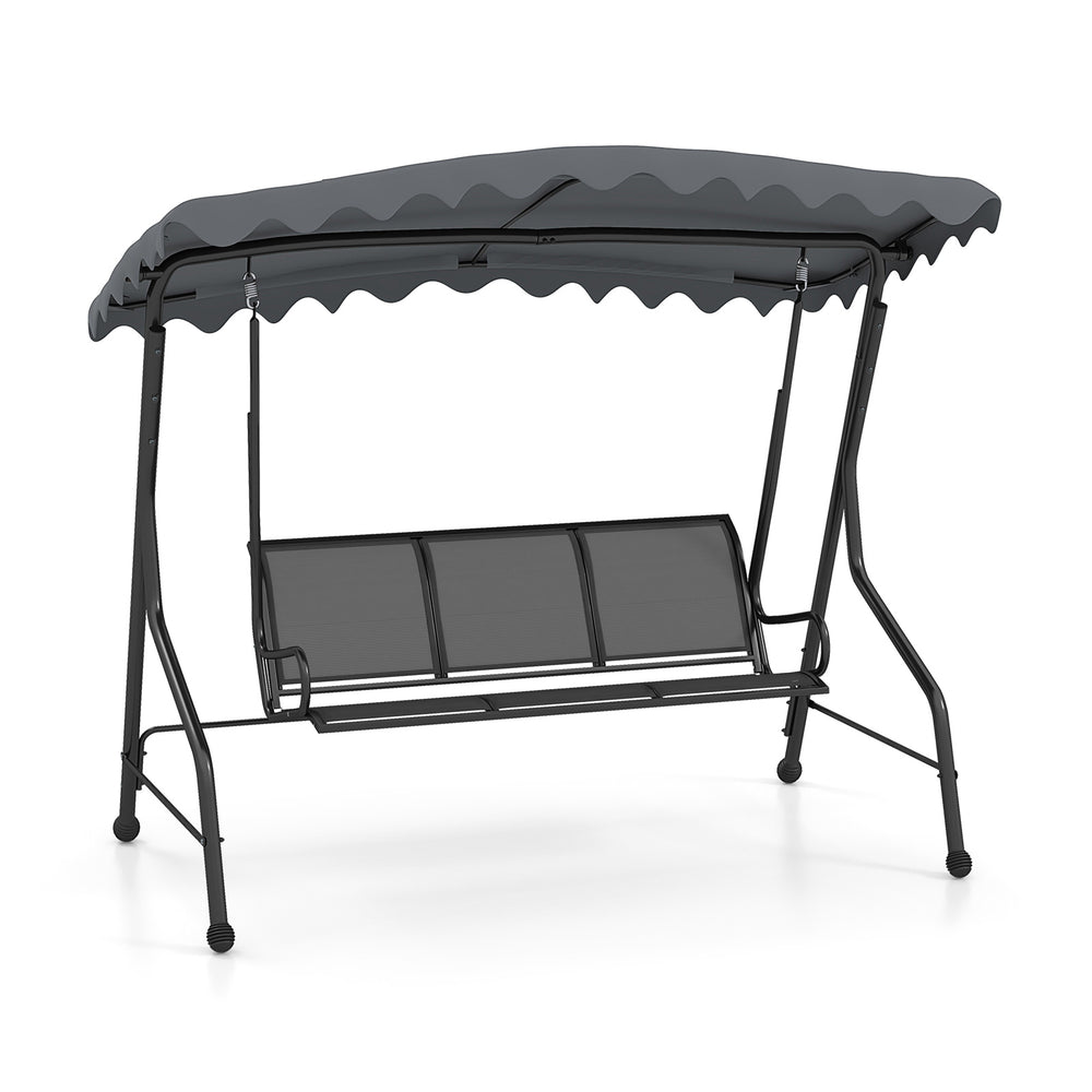 3-seat outdoor porch canopy swing in gray with adjustable shading, robust metal frame, ideal for backyard relaxation.