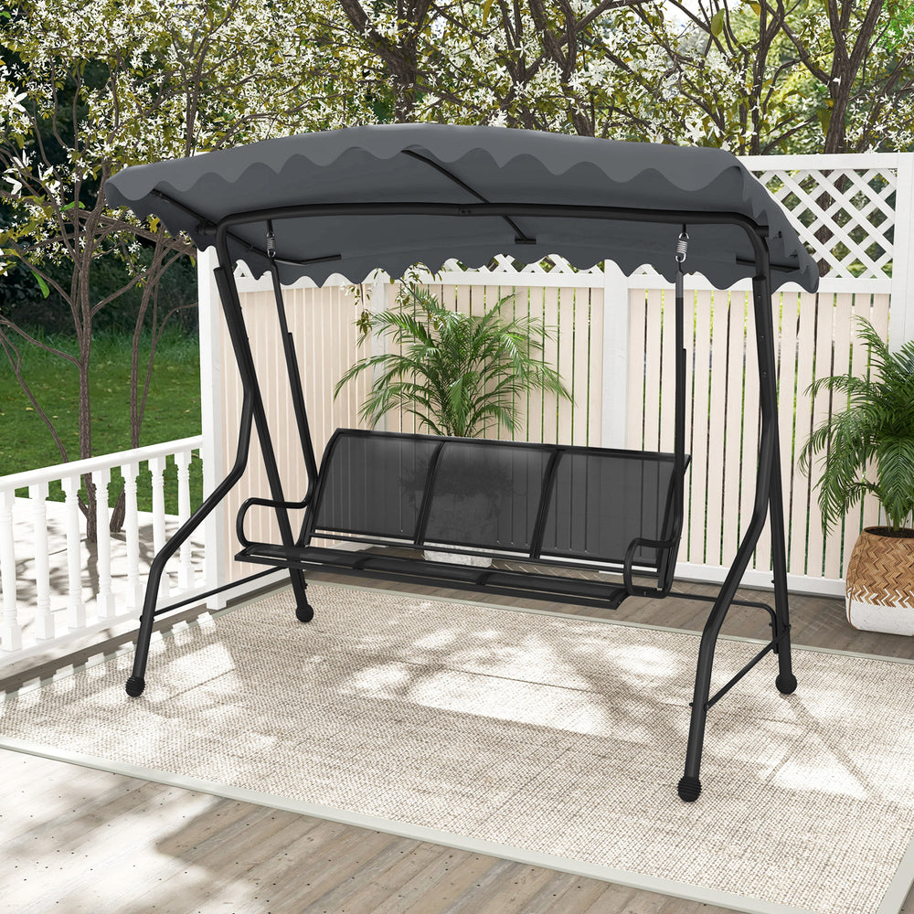 Three-seat outdoor porch canopy swing in gray with adjustable shading, perfect for backyard relaxation.