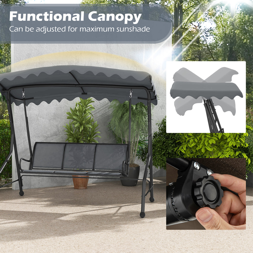 3-seat outdoor porch swing with adjustable gray canopy, robust metal frame, and breathable fabric for family relaxation.