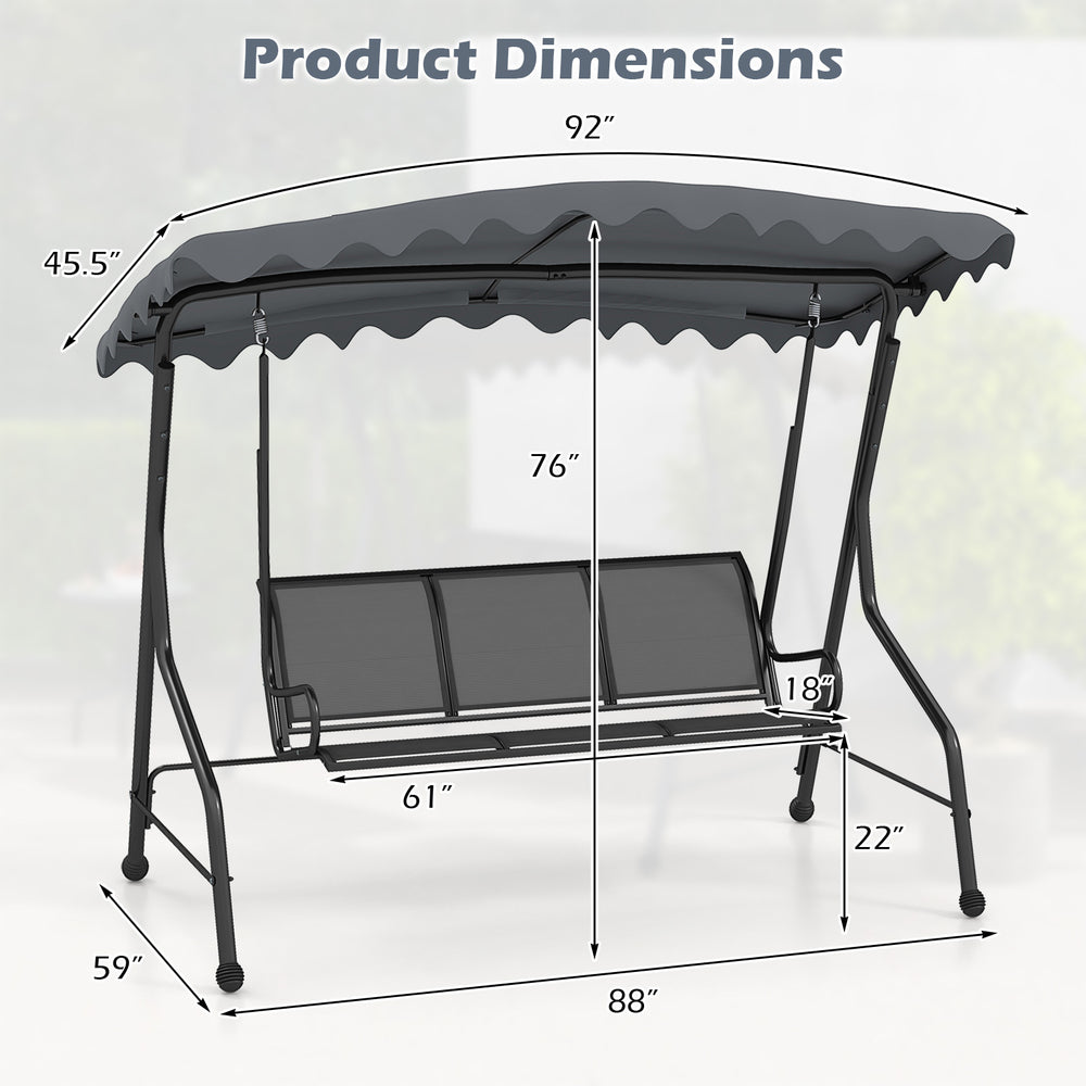 Dimensions of the 3-seat outdoor porch canopy swing with adjustable shading, suitable for backyard and poolside use.