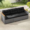 Three-seat patio couch sofa in grey PE rattan with black cushions, featuring solid acacia wood armrests for outdoor.