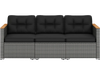 3-seat patio couch sofa in grey PE rattan with soft black cushions and acacia wood armrests, perfect for outdoor.