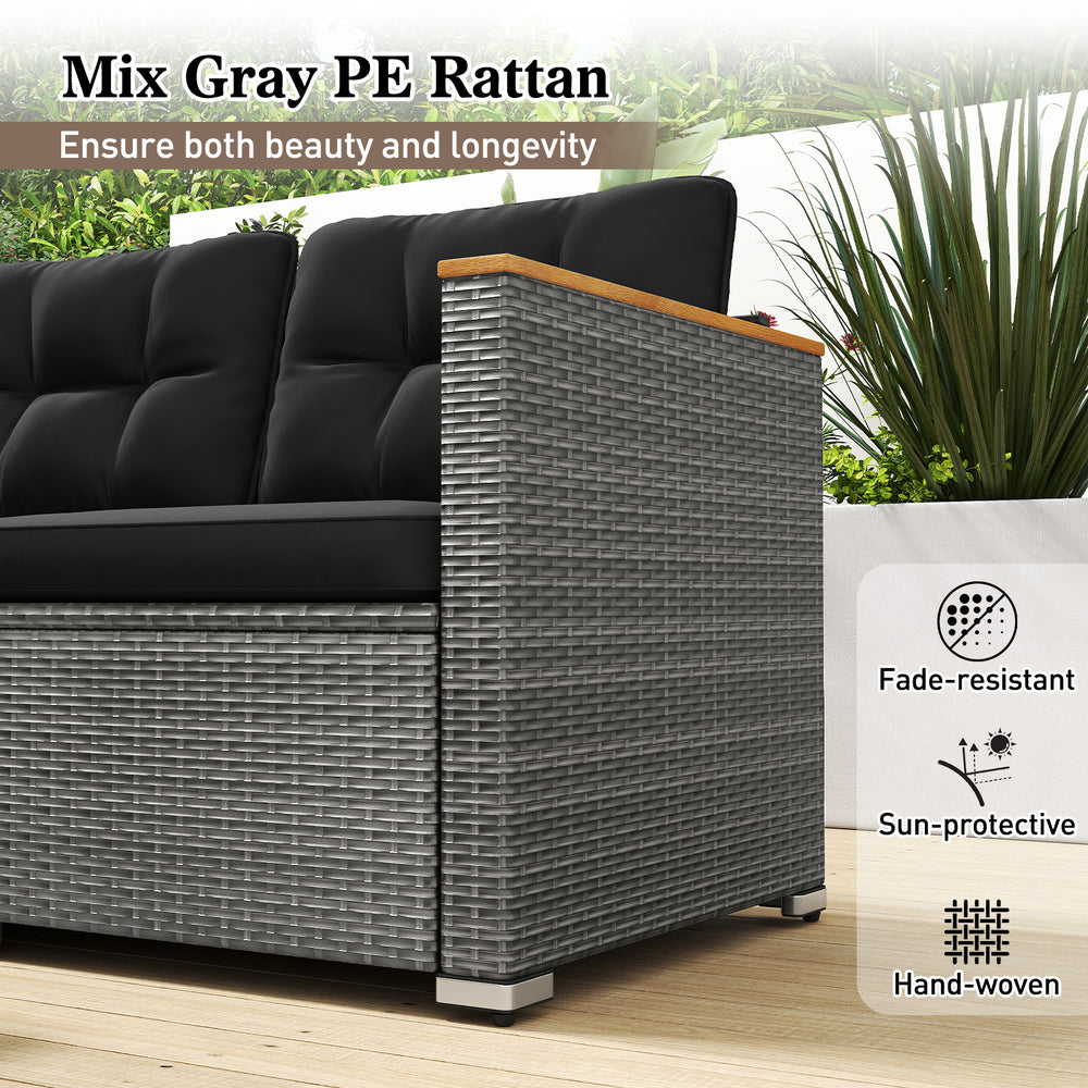 3-seat patio couch sofa in mix gray PE rattan with deep seating and soft cushions, ideal for outdoor relaxation.