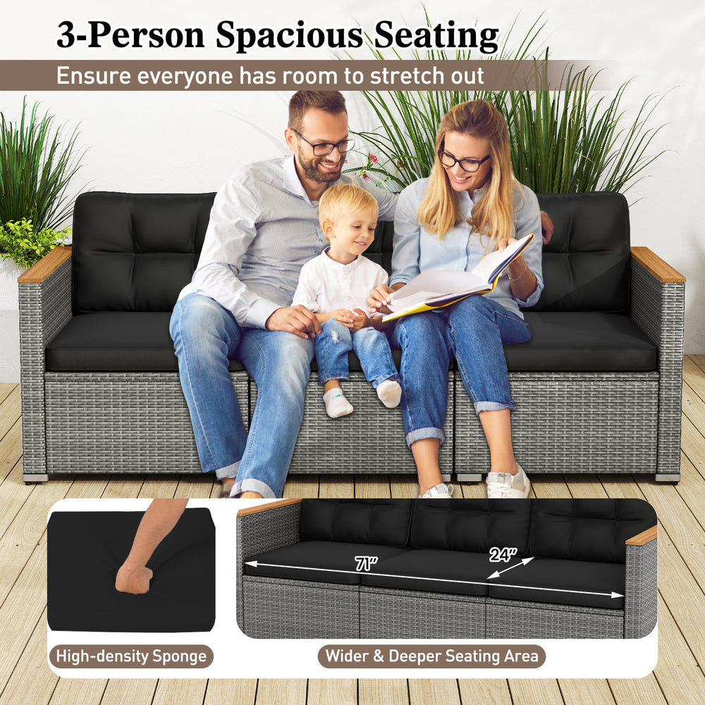3-seat patio couch sofa with deep seating, PE rattan, and soft cushions, perfect for outdoor relaxation.