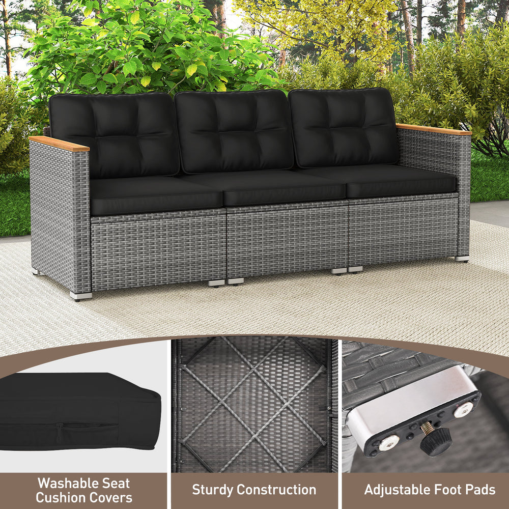 3-seat patio couch sofa in grey PE rattan with soft cushions, wide armrests, and sturdy acacia wood for outdoor comfort.