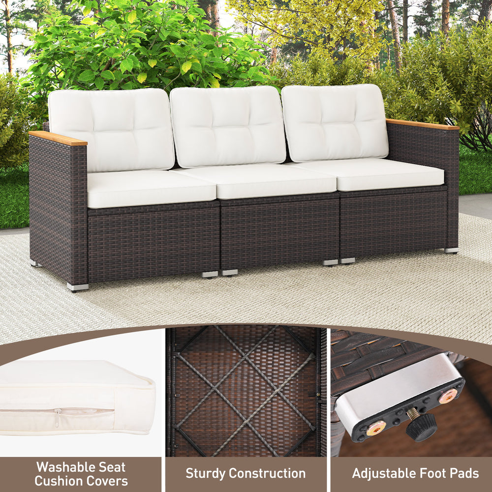 3-seat patio couch sofa with white cushions, hand-woven PE rattan, and sturdy acacia wood for outdoor comfort.