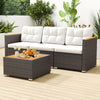 3-seat patio couch sofa with white cushions, hand-woven PE rattan, and acacia wood accents, perfect for outdoor.