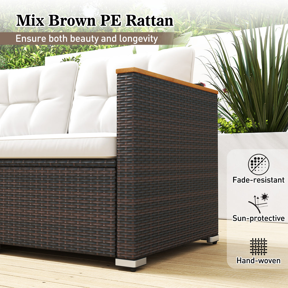 3-seat patio couch sofa in mix brown PE rattan with white cushions, designed for outdoor comfort and durability.