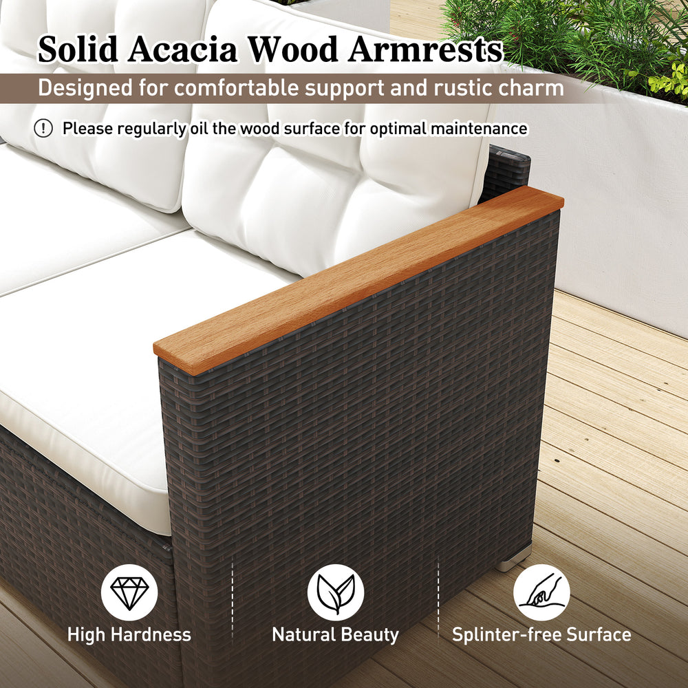 Solid acacia wood armrests of the 3-seat patio couch, designed for comfort and rustic charm, suitable for outdoor use.