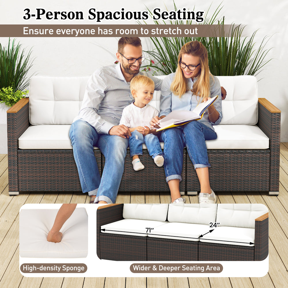 3-seat patio couch sofa with deep seating, white cushions, and hand-woven PE rattan for outdoor comfort and style.