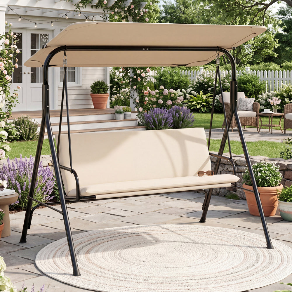 3-Seat Patio Swing Chair with Adjustable Canopy & Removable Cushion-Beige - Gallery View 1 of 10