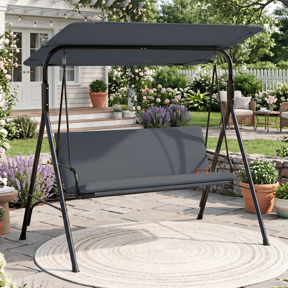 3-Seat Patio Swing Chair with Adjustable Canopy & Removable Cushion-Gray - Gallery View 1 of 10