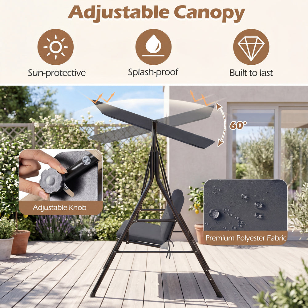 3-seat patio swing chair with adjustable canopy in gray, featuring removable cushions for outdoor comfort and.